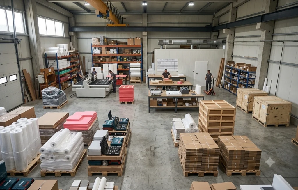 Befoam production site with materials and pallets