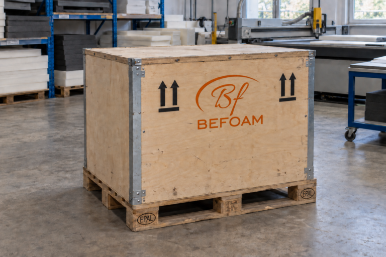 Дървен сандък от шперплат на палет с логото на Befoam в цеха