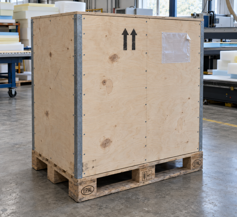 Geschlossene Sperrholz-Transportverpackung auf einer Palette in der Fertigung — Befoam
